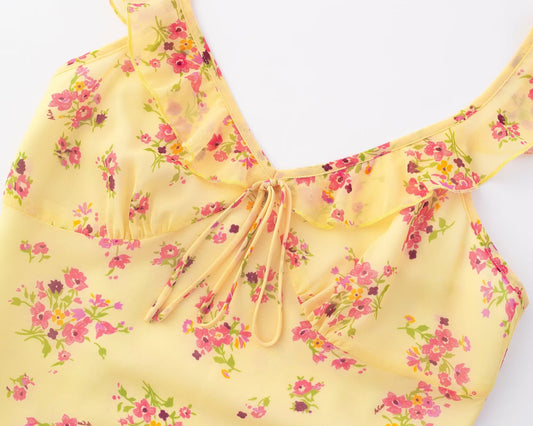 Spring Vacation Summer Cool Yellow Background Printing Short Women Dress