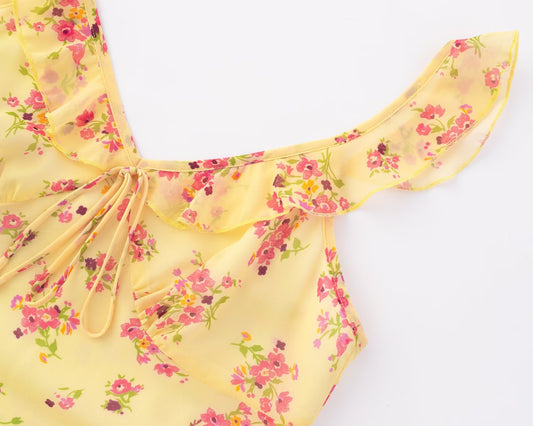 Spring Vacation Summer Cool Yellow Background Printing Short Women Dress