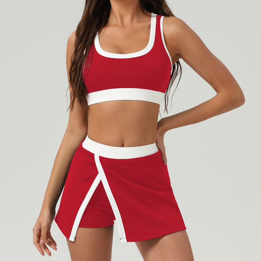 Contrast Color Sports Bra Tennis Skirt Set Women Quick Drying Anti Emptied Pantskirt Sports Set - Iyanka