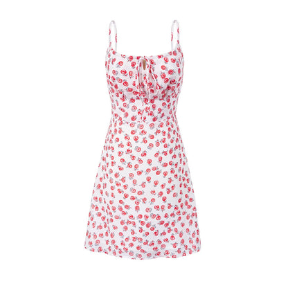 Spring Ancient Cherry Slimming Printed Waist Controlled Lace up Suspender Dress