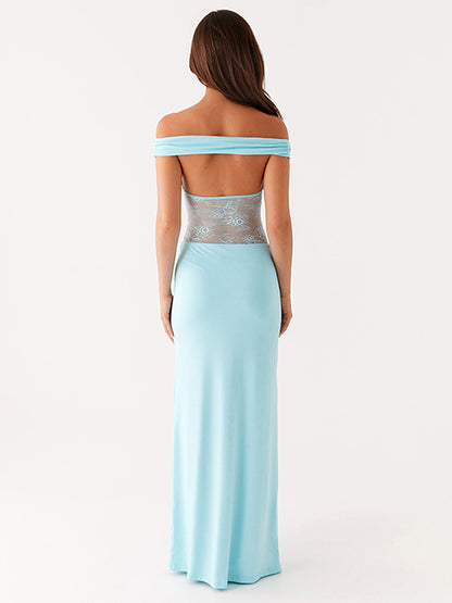 Women Clothing Solid Color off Shoulder Backless Lace Stitching A line Maxi Dress