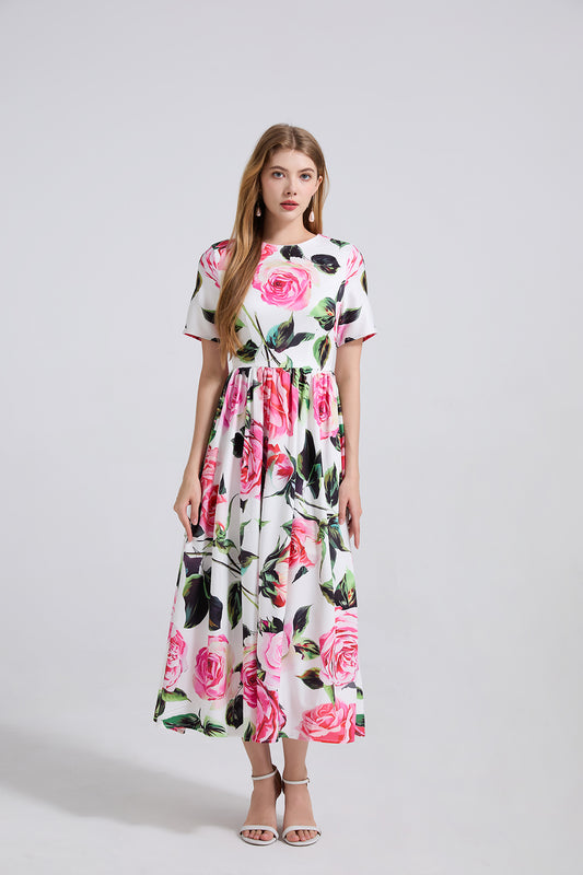 A Summer Printed Round Neck High Waisted Slim Fitting Short Sleeved Large Swing Dress A Line Long Dress Women