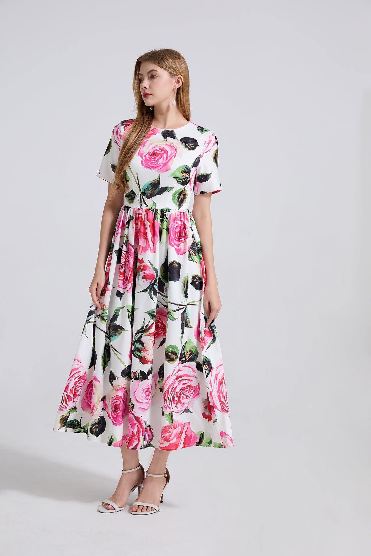 A Summer Printed Round Neck High Waisted Slim Fitting Short Sleeved Large Swing Dress A Line Long Dress Women