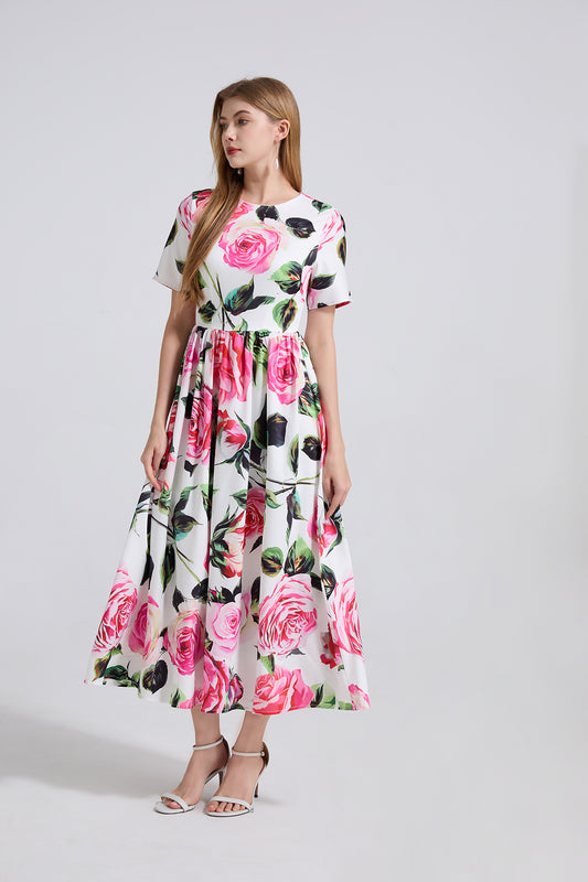 A Summer Printed Round Neck High Waisted Slim Fitting Short Sleeved Large Swing Dress A Line Long Dress Women
