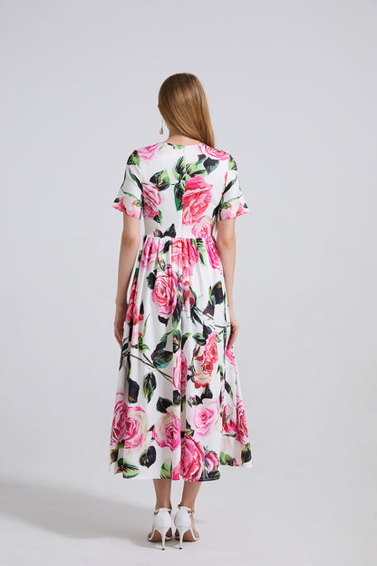 A Summer Printed Round Neck High Waisted Slim Fitting Short Sleeved Large Swing Dress A Line Long Dress Women