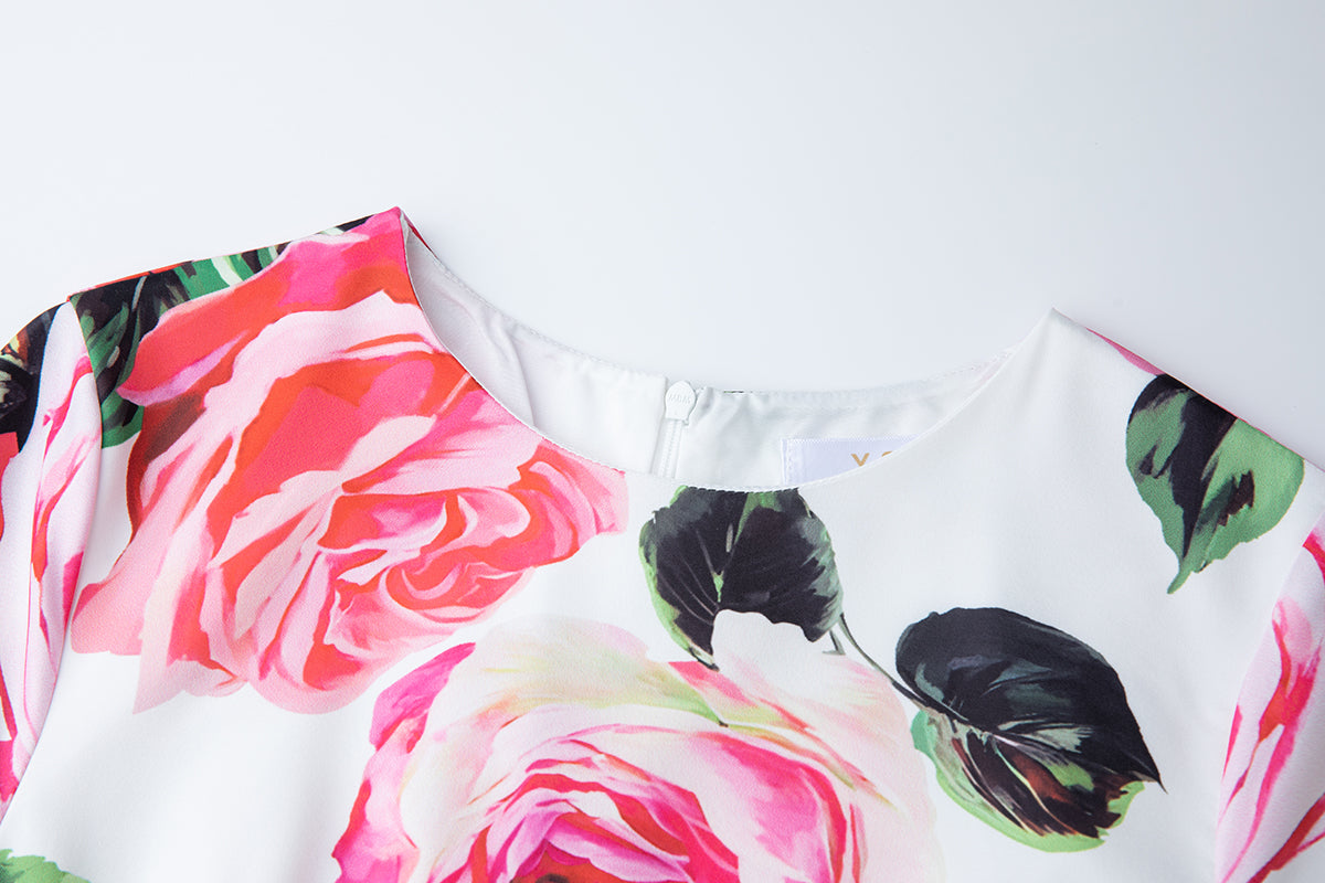 A Summer Printed Round Neck High Waisted Slim Fitting Short Sleeved Large Swing Dress A Line Long Dress Women