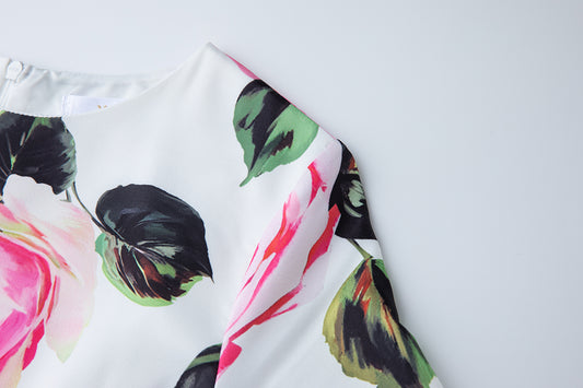 A Summer Printed Round Neck High Waisted Slim Fitting Short Sleeved Large Swing Dress A Line Long Dress Women