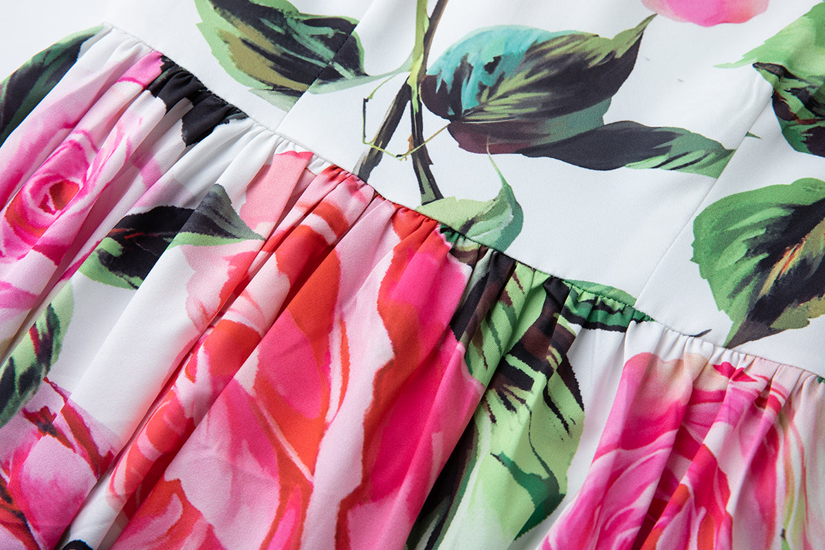 A Summer Printed Round Neck High Waisted Slim Fitting Short Sleeved Large Swing Dress A Line Long Dress Women