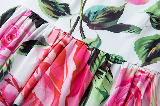 A Summer Printed Round Neck High Waisted Slim Fitting Short Sleeved Large Swing Dress A Line Long Dress Women