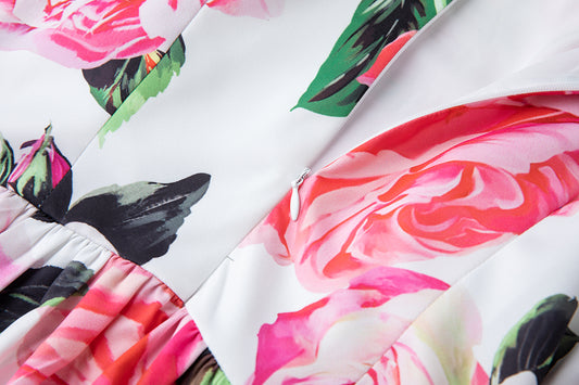 A Summer Printed Round Neck High Waisted Slim Fitting Short Sleeved Large Swing Dress A Line Long Dress Women