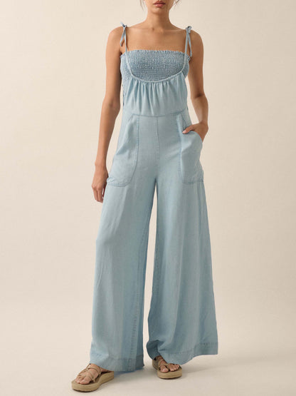 Ladies Summer French Elegant Denim Wrapped Chest Strap Wide Two Piece Set Leg Jumpsuit - Iyanka