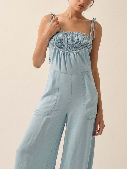 Ladies Summer French Elegant Denim Wrapped Chest Strap Wide Two Piece Set Leg Jumpsuit - Iyanka