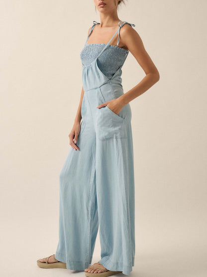 Ladies Summer French Elegant Denim Wrapped Chest Strap Wide Two Piece Set Leg Jumpsuit - Iyanka