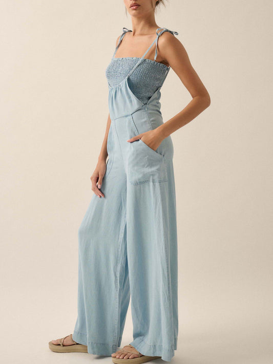 Ladies Summer French Elegant Denim Wrapped Chest Strap Wide Two Piece Set Leg Jumpsuit - Iyanka