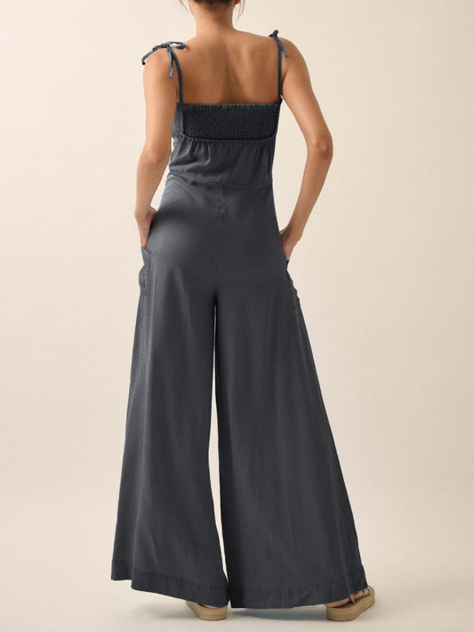 Ladies Summer French Elegant Denim Wrapped Chest Strap Wide Two Piece Set Leg Jumpsuit - Iyanka