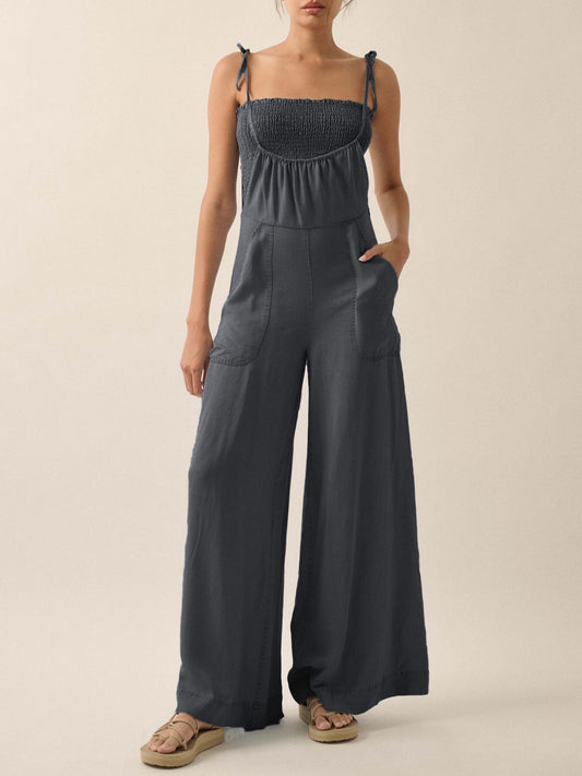 Ladies Summer French Elegant Denim Wrapped Chest Strap Wide Two Piece Set Leg Jumpsuit - Iyanka