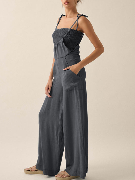 Ladies Summer French Elegant Denim Wrapped Chest Strap Wide Two Piece Set Leg Jumpsuit - Iyanka