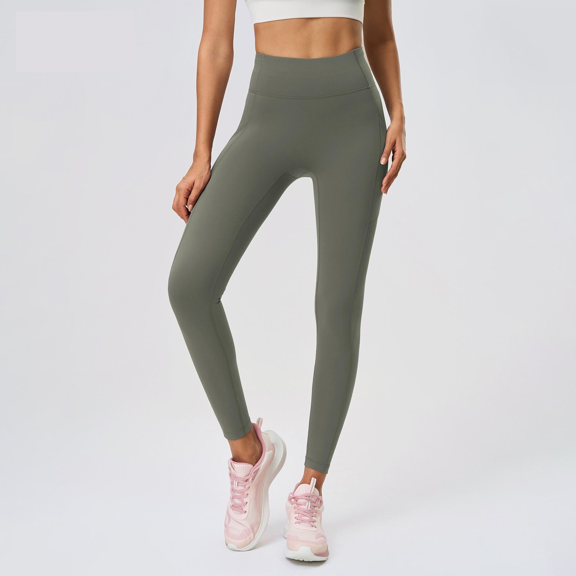 Nude Feel No T Line Exercise Workout Pants Women Hip Lift Belly Shaping Side Pocket Elastic Tight Yoga Ninth Pants - Iyanka
