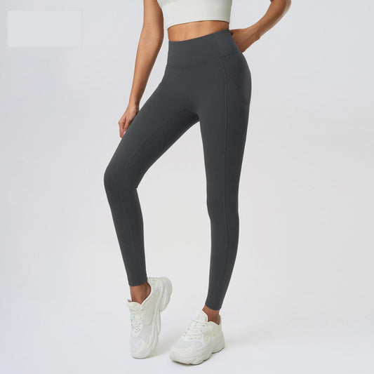Nude Feel No T Line Exercise Workout Pants Women Hip Lift Belly Shaping Side Pocket Elastic Tight Yoga Ninth Pants - Iyanka