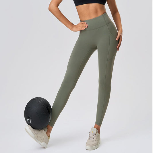Nude Feel No T Line Exercise Workout Pants Women Hip Lift Belly Shaping Side Pocket Elastic Tight Yoga Ninth Pants - Iyanka