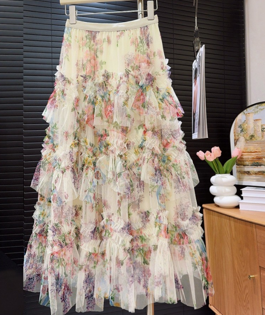 Heavy Industry Stitching Printing Net Yarn Cake Skirt Skirt Women Floral Puffy Long Skirt - Iyanka