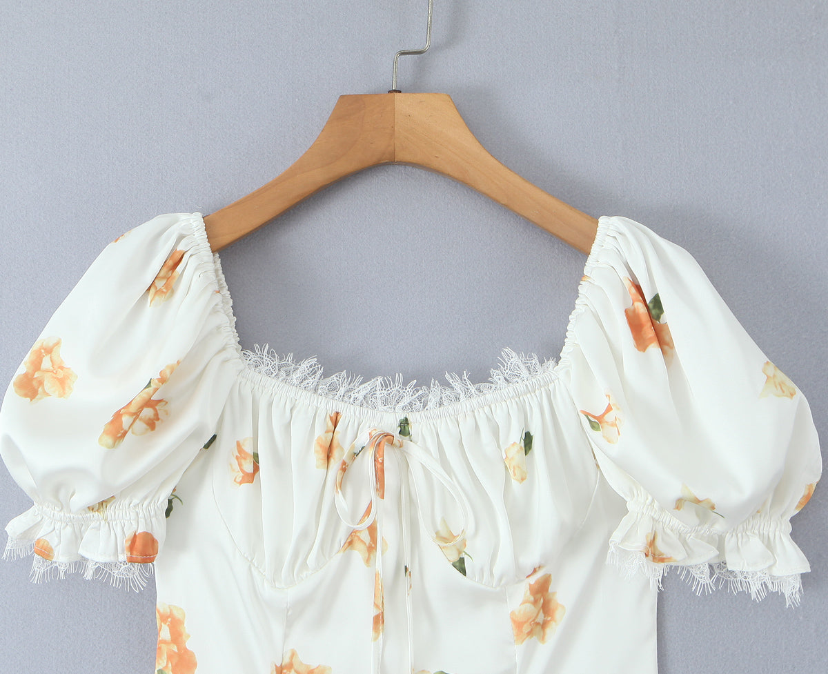Sweet Printed Design Puff Sleeve Tube Top Lace Stitching Tied A line Dress Short Dress Women