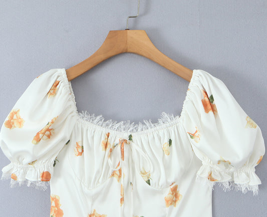 Sweet Printed Design Puff Sleeve Tube Top Lace Stitching Tied A line Dress Short Dress Women