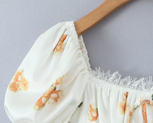 Sweet Printed Design Puff Sleeve Tube Top Lace Stitching Tied A line Dress Short Dress Women