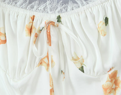 Sweet Printed Design Puff Sleeve Tube Top Lace Stitching Tied A line Dress Short Dress Women