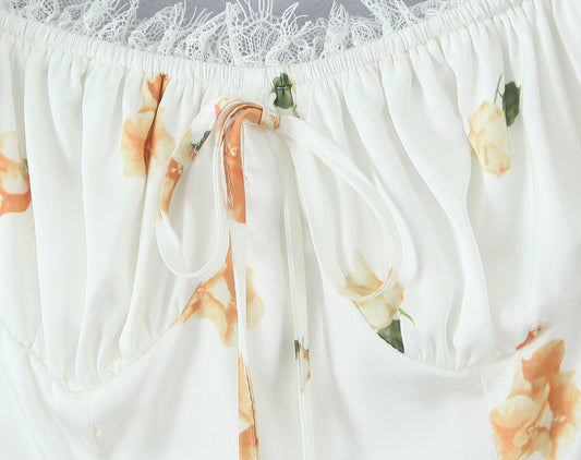 Sweet Printed Design Puff Sleeve Tube Top Lace Stitching Tied A line Dress Short Dress Women