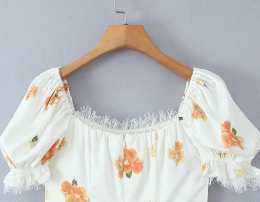 Sweet Printed Design Puff Sleeve Tube Top Lace Stitching Tied A line Dress Short Dress Women