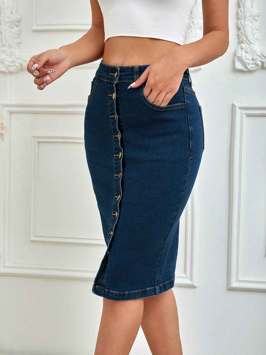Ladies One Piece Front Row Buttons Multi Buckle Sheath Pencil Skirt Stretch Denim Midi Skirt