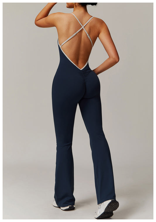Nude Feel Cross Beauty Back Yoga Jumpsuit Pleated Slightly Pull Running Sports Fitness Horn Jumpsuit - Iyanka