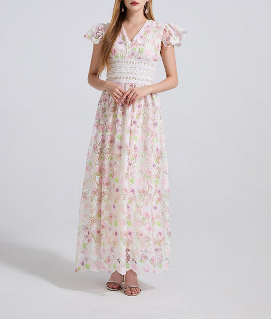 Three Dimensional Cut Out Floral Lace Applique Flutter Sleeves High Waisted Dress Figure Hugging A Line Dress