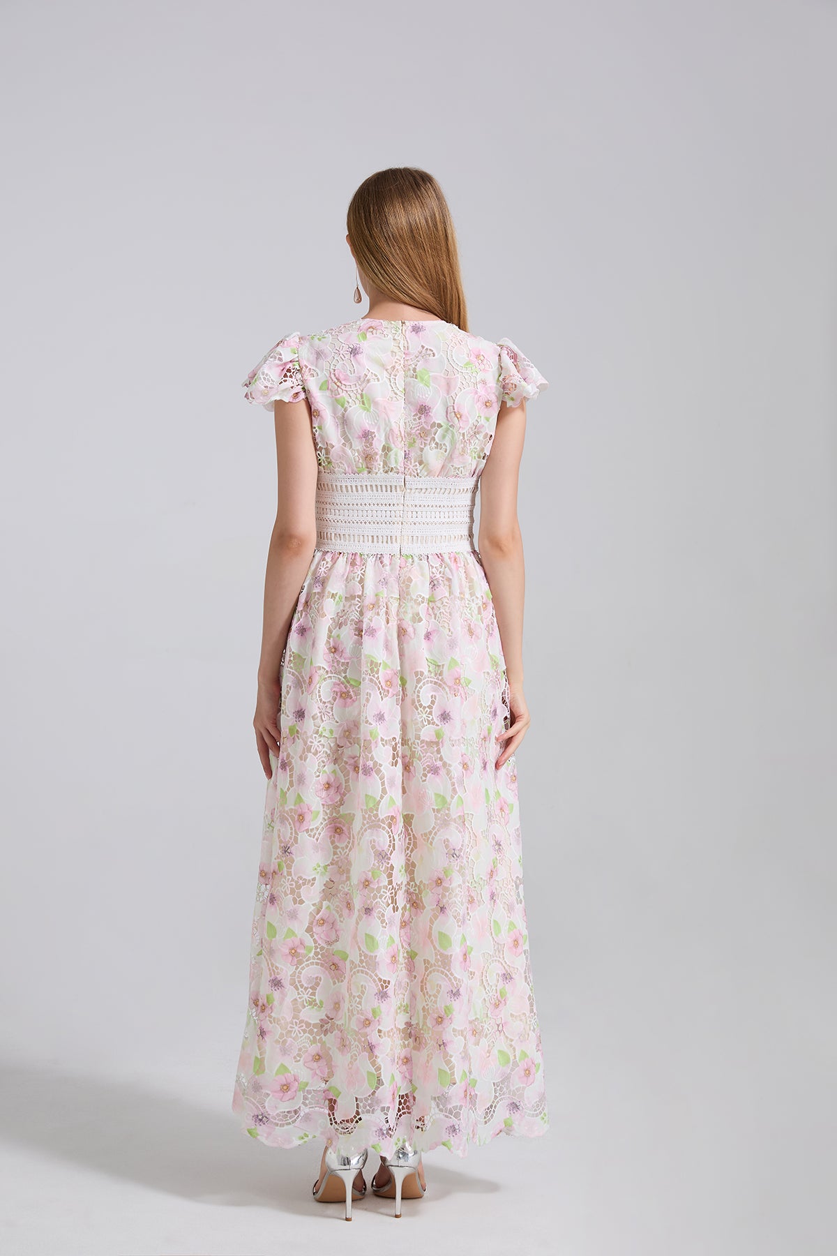 Three Dimensional Cut Out Floral Lace Applique Flutter Sleeves High Waisted Dress Figure Hugging A Line Dress
