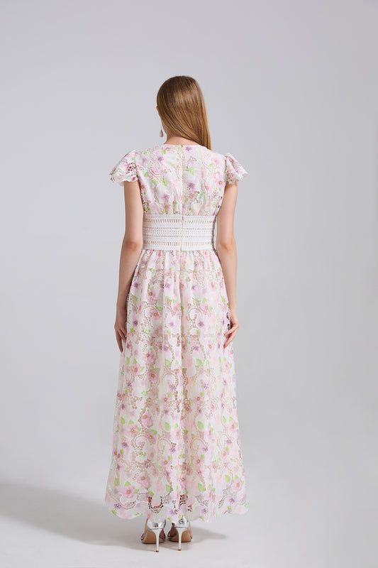 Three Dimensional Cut Out Floral Lace Applique Flutter Sleeves High Waisted Dress Figure Hugging A Line Dress