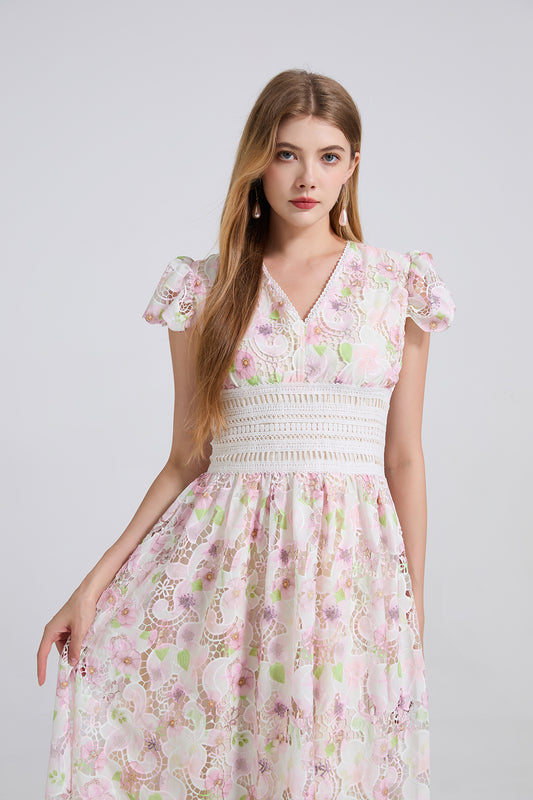 Three Dimensional Cut Out Floral Lace Applique Flutter Sleeves High Waisted Dress Figure Hugging A Line Dress