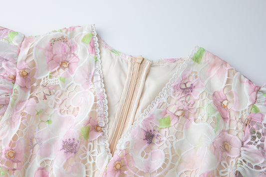 Three Dimensional Cut Out Floral Lace Applique Flutter Sleeves High Waisted Dress Figure Hugging A Line Dress