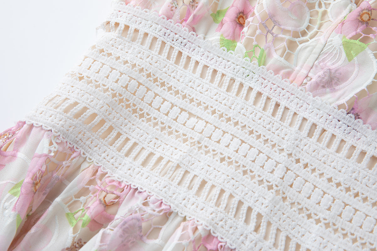 Three Dimensional Cut Out Floral Lace Applique Flutter Sleeves High Waisted Dress Figure Hugging A Line Dress