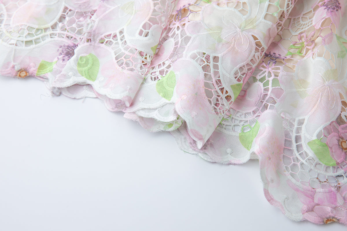 Three Dimensional Cut Out Floral Lace Applique Flutter Sleeves High Waisted Dress Figure Hugging A Line Dress