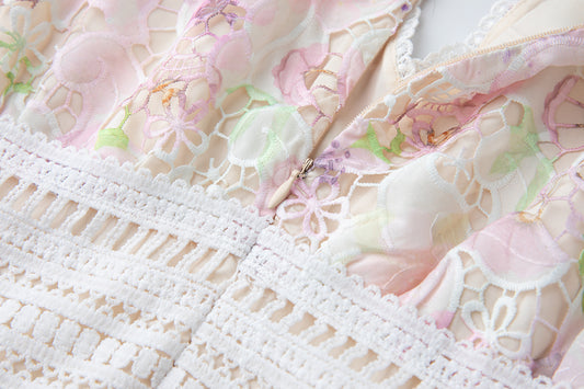 Three Dimensional Cut Out Floral Lace Applique Flutter Sleeves High Waisted Dress Figure Hugging A Line Dress