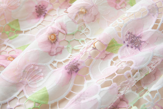 Three Dimensional Cut Out Floral Lace Applique Flutter Sleeves High Waisted Dress Figure Hugging A Line Dress
