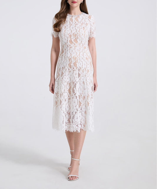 Spring And Summer Elastic Lace Pearl And Diamond Decorated Round Neck Short Sleeve Dress Slim A Line Dress