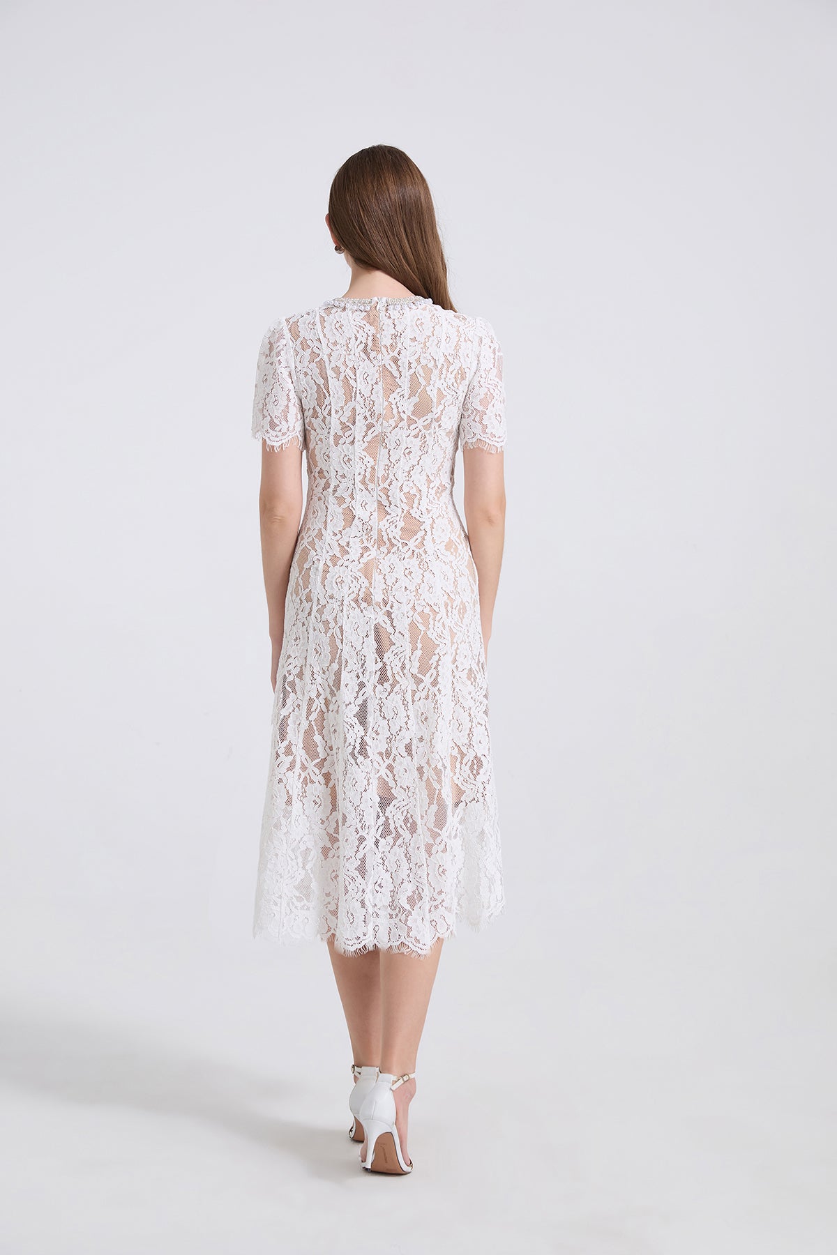Spring And Summer Elastic Lace Pearl And Diamond Decorated Round Neck Short Sleeve Dress Slim A Line Dress