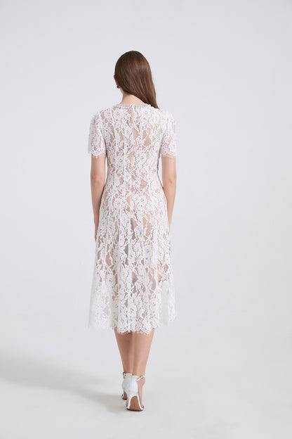 Spring And Summer Elastic Lace Pearl And Diamond Decorated Round Neck Short Sleeve Dress Slim A Line Dress