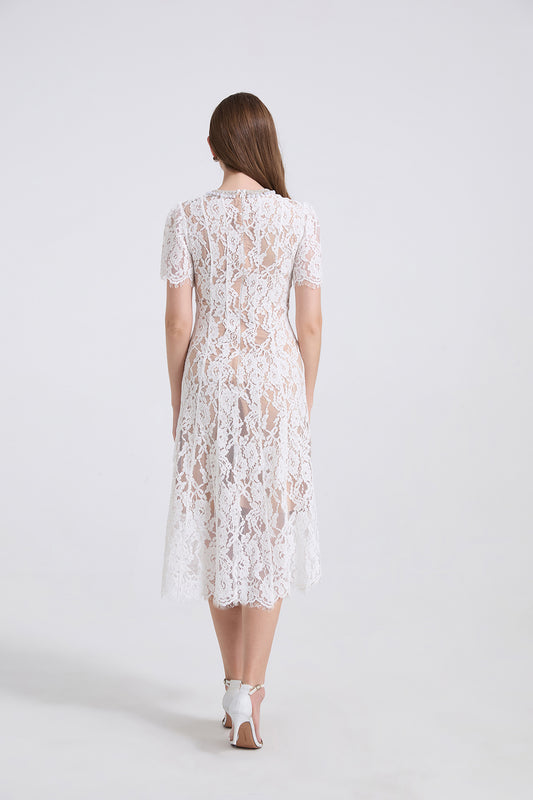 Spring And Summer Elastic Lace Pearl And Diamond Decorated Round Neck Short Sleeve Dress Slim A Line Dress
