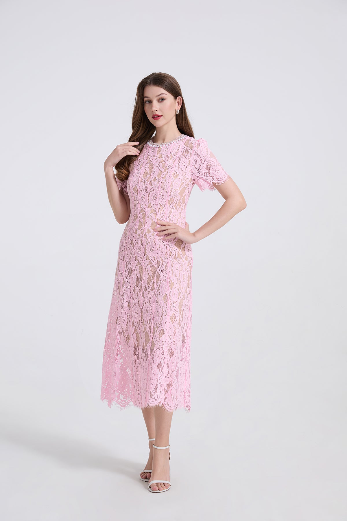 Spring And Summer Elastic Lace Pearl And Diamond Decorated Round Neck Short Sleeve Dress Slim A Line Dress