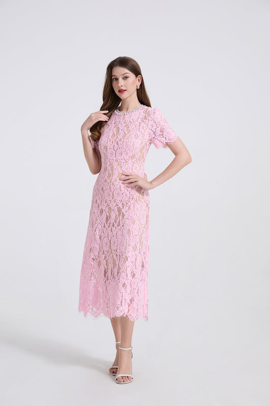 Spring And Summer Elastic Lace Pearl And Diamond Decorated Round Neck Short Sleeve Dress Slim A Line Dress