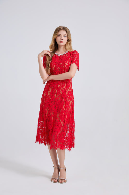 Spring And Summer Elastic Lace Pearl And Diamond Decorated Round Neck Short Sleeve Dress Slim A Line Dress