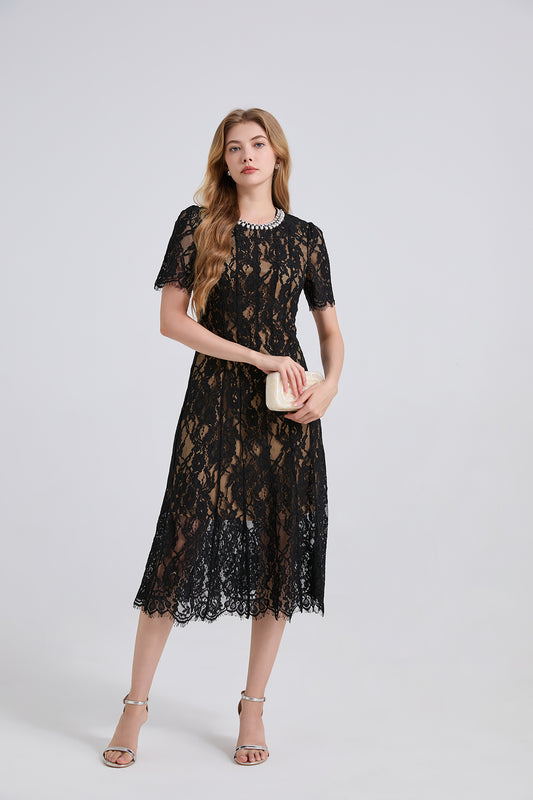 Spring And Summer Elastic Lace Pearl And Diamond Decorated Round Neck Short Sleeve Dress Slim A Line Dress
